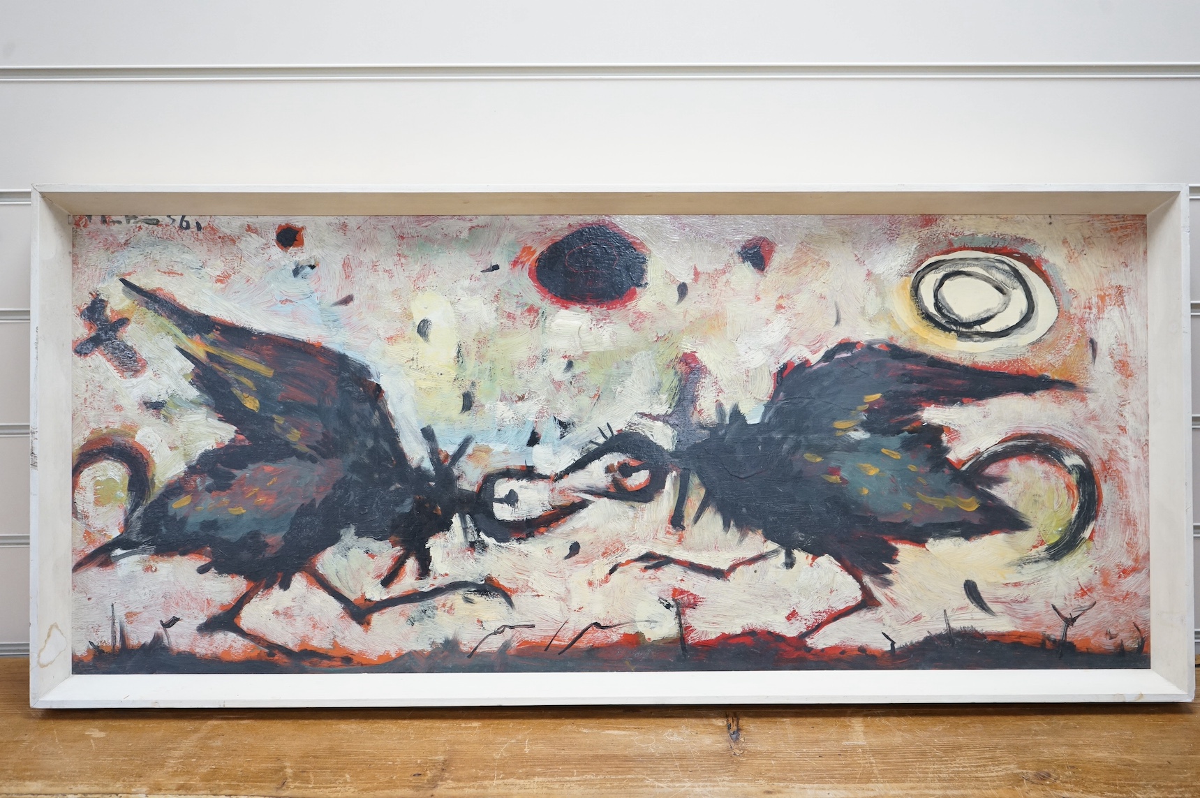 Mid century, abstract oil on board, Cock fighting, indistinctly signed and dated '61 upper left, 38 x 88cm. Condition - good